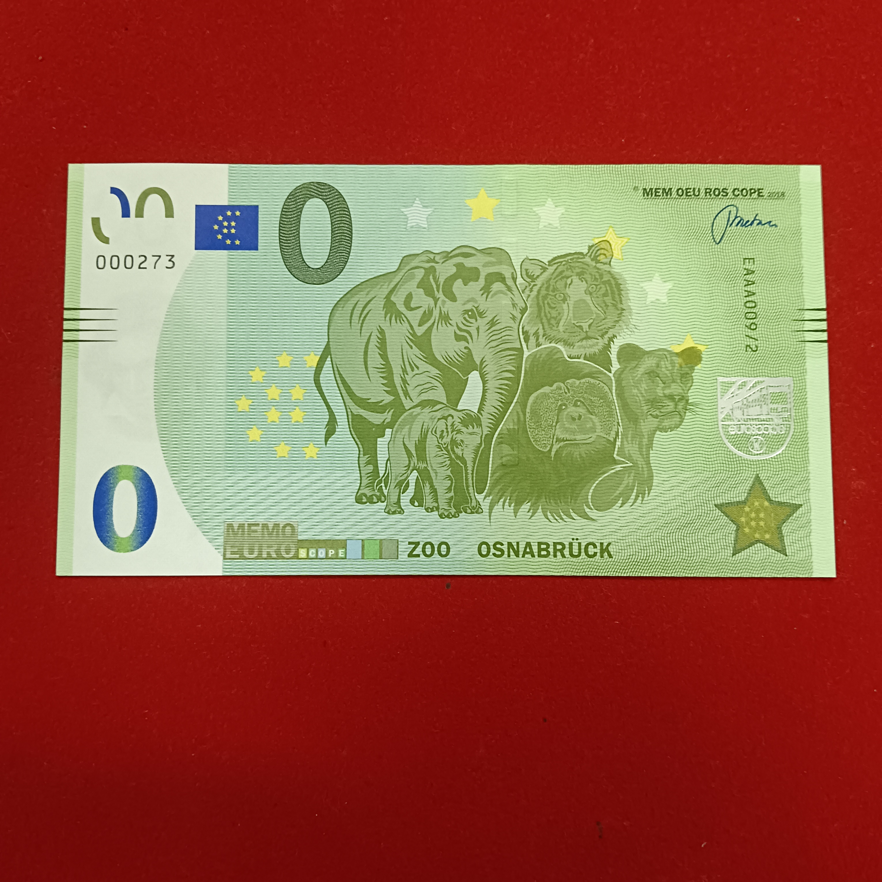 0 Memo Euro souvenir banknote featuring illustrations of zoo animals and the text "Zoo Osnabrück Gem Unc Condition Unquie And Rare