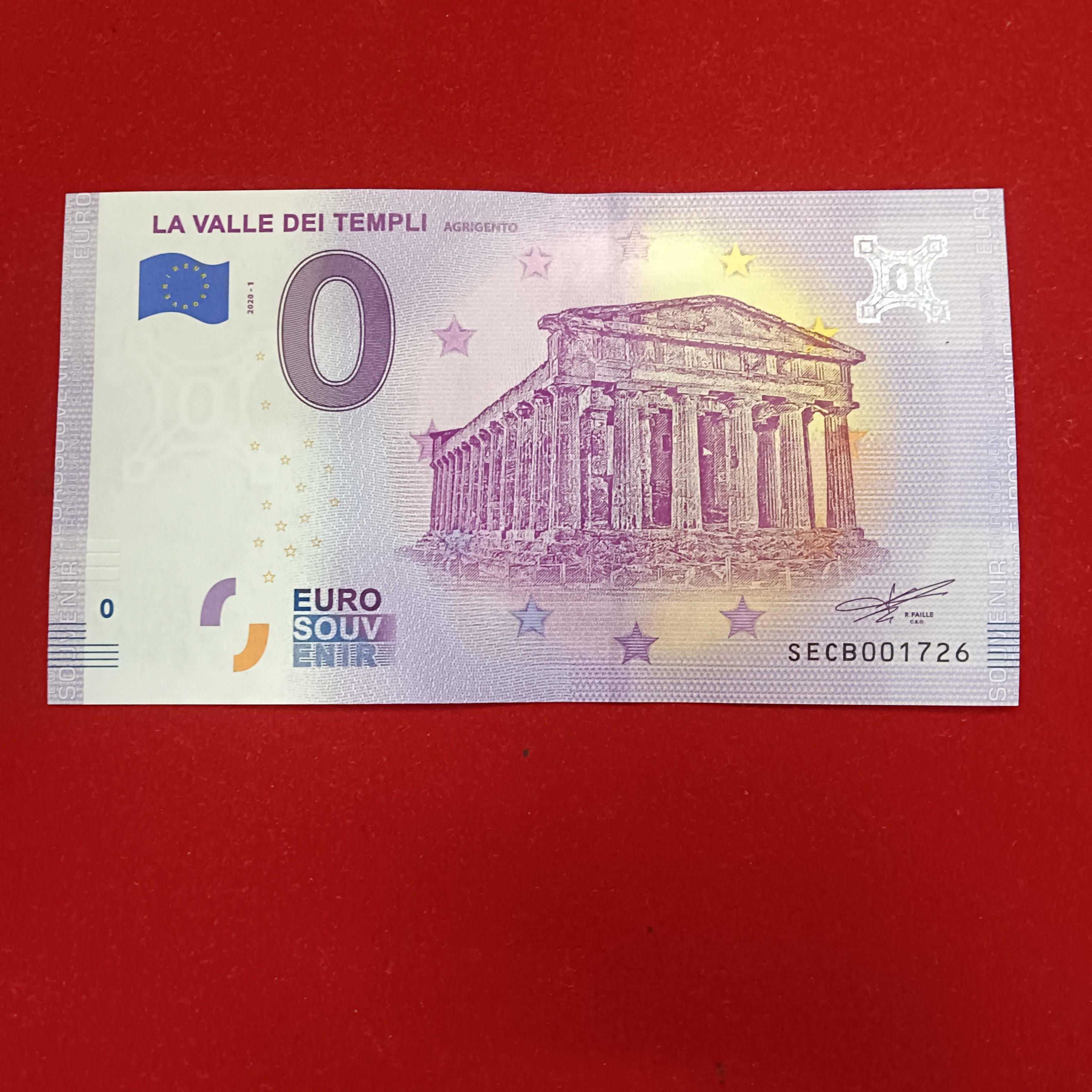 Unuie And Rare 0 Euro souvenir banknote featuring the Valley of the Temples (La Valle dei Templi) in Agrigento, Italy, from the 2020 edition Gem Unc Condition