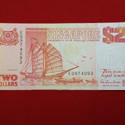 Alternative view of Rare Note Singapore 2 Dollar banknote featuring a traditional tongkang (light wooden boat) from Singapore's Ship Series first issued Gem Unc Condition