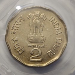 Alternative view of 2 Rs Chharapati Shivaji Hyderabad Mint Coin UNC Rare