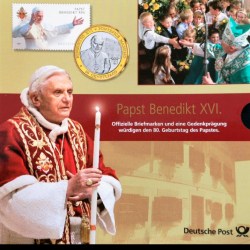 Ex Rare Deutsche Post Celebrating 80th Birthday of Pope Benedict XVI in 2007 Year featuring special Stamps and Commemorative Proof Coin Set Issued German Mint