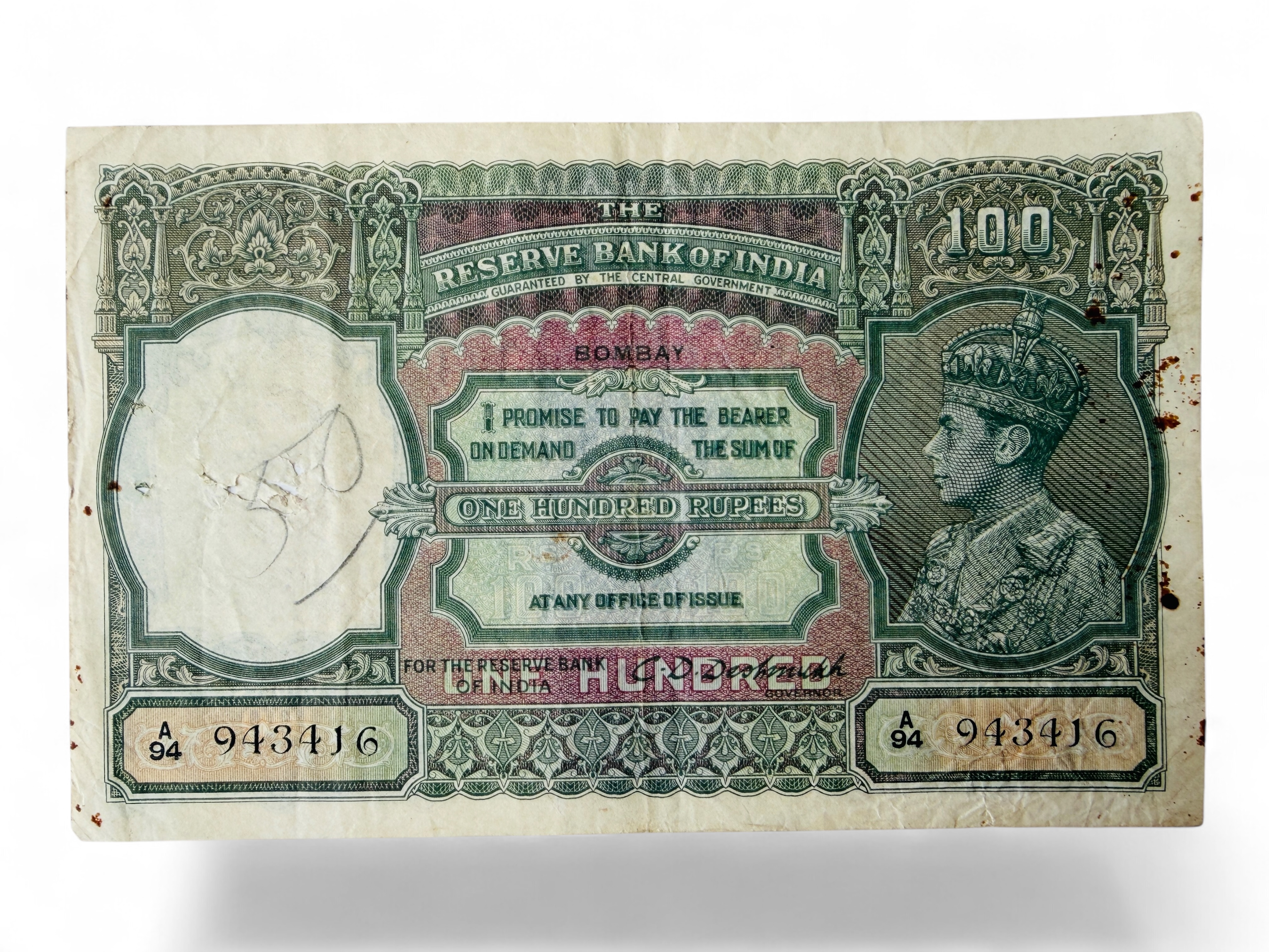 Re 100 British India Banknote King George Vi Issue Signed By C D Deshmukh Crisp Paper Unique and Rare Issue