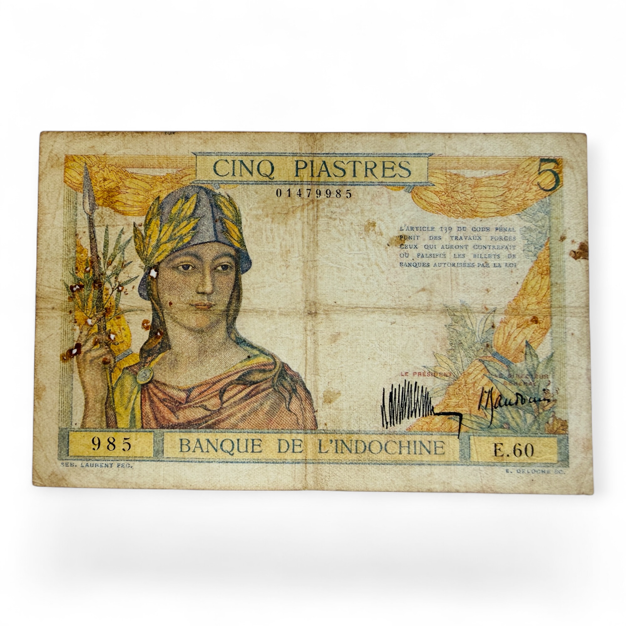 Rs 5 Banknote Note Cinq Piastres La IndoChine Issue Unique and Very Rare
