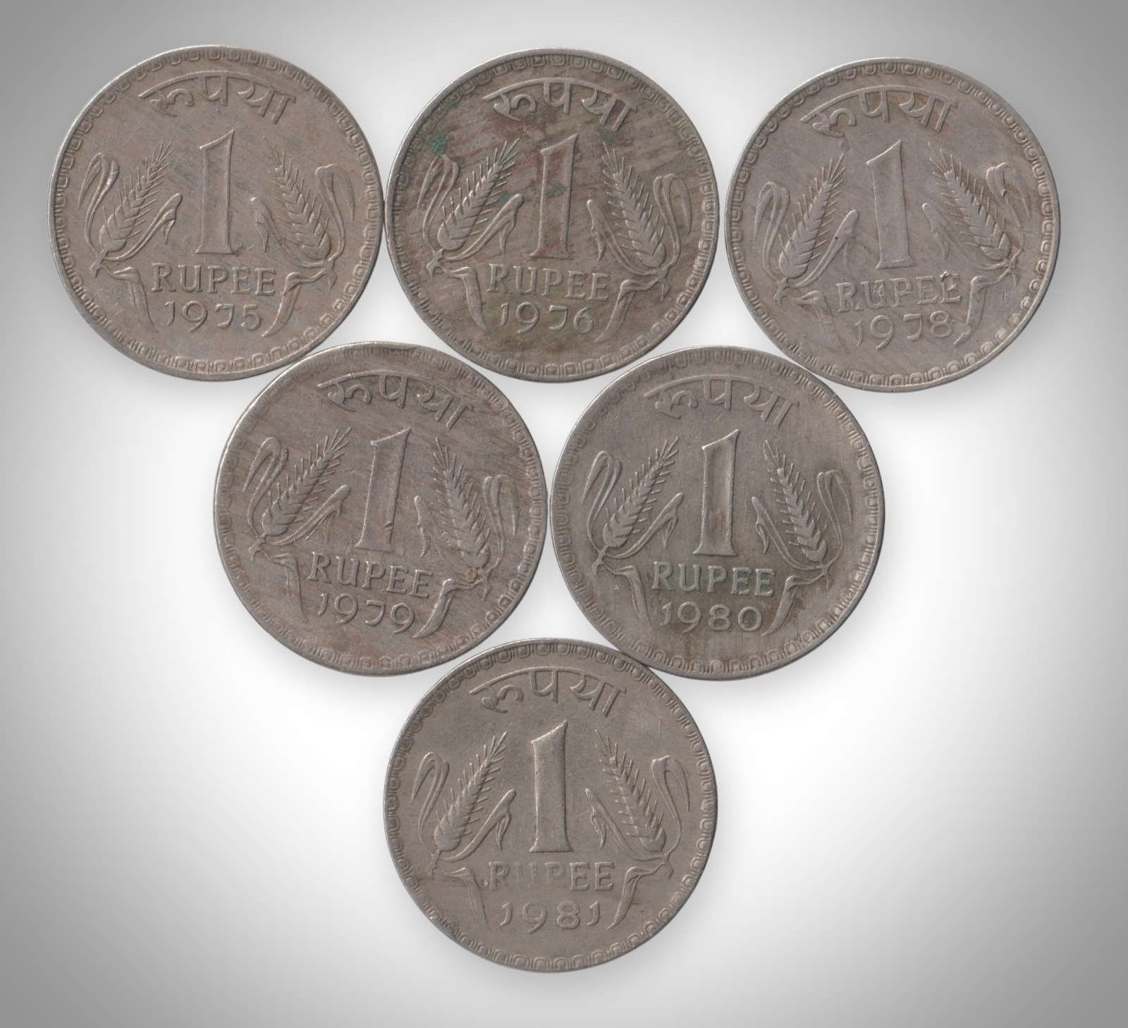 Rare 1 Rupee 1975-1981 Wheat Ears Series Set of 6 Coins Calcutta Mint Republic India