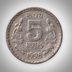 Rare 5 Rupee 1998 Republic India Noida Mint Coinage India Coin # A144
