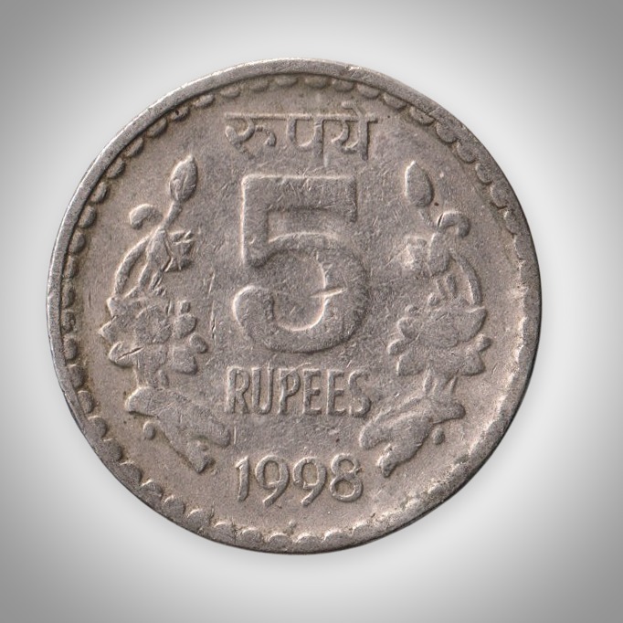 Rare 5 Rupee 1998 Republic India Noida Mint Coinage India Coin # A144