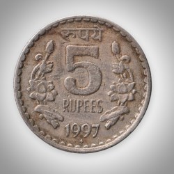 Rare 5 Rupees 1997 Bombay Mint Republic of India Cupro Nickel Definitive Coinage India Coin # A139