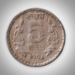 Rare 5 Rupees 1994 Republic India Bombay Mint Definitive Coinage India Coin # A132