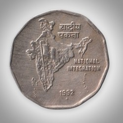 Rare 2 Rupee 1992 Republic India National Integration Mumbai Mint # A052