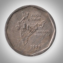 Rare 2 Rupee 1990 Republic India National Integration Mumbai Mint # A053