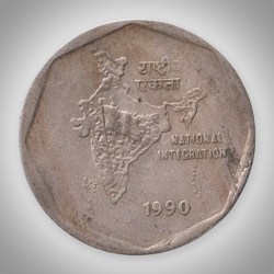 Rare 2 Rupee 1990 Republic India National Integration Calcutta Mint Coin # A021