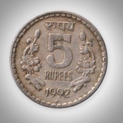 Rare 5 Rupees 1992 Republic of India Bombay Mint Coinage India Coin # A127