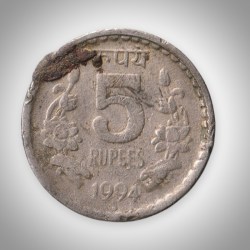 Rare 5 Rupees 1994 Noida Mint Republic of India Cupro Nickel Flan Flaw Error India Coin # A133