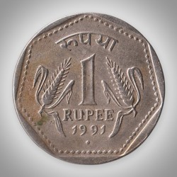 Rare 1 Rupee 1991 Wheat Ears Series Mumbai Mint Coinage of Republic India Coin # A032