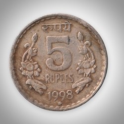 Rare 5 Rupees 1998 Republic India Hyderabad Mint Coinage India Coin # A143