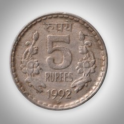 Rare 5 Rupees 1992 Republic India Hyderabad Mint Coinage India Coin # A129