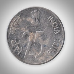 Alternative view of Rare 25 Paise 1988 C Mark Royal Canadian Mint of Ottawa, Canada Republic Coinage of India Coin