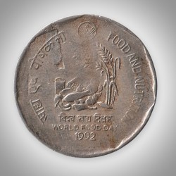 Extremely Rare 1 Rupee 1992 World Food Day Food and Nutrition Calcutta Mint Die Crack Error Republic India Coin # A315