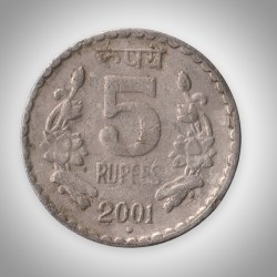 Rare 5 Rupees 2001 Republic India Noida Mint Coinage India Coin # A158