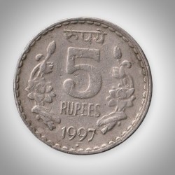Rare 5 Rupee 1997 Republic India Noida Mint Coinage India Coin # A141