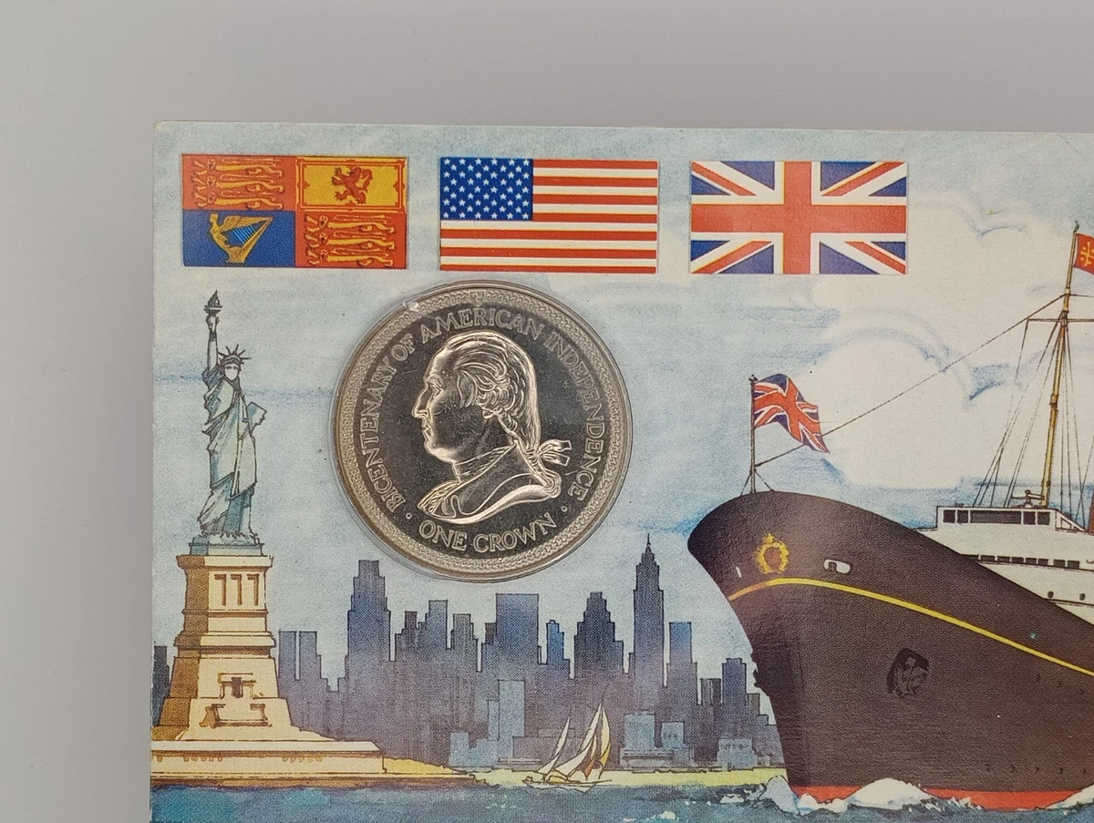 1976 Isle Of Man High Grade Crown Bicentenary Of American Independence issued by Pobjoy Mint England Rare Commemorative Coin with cover