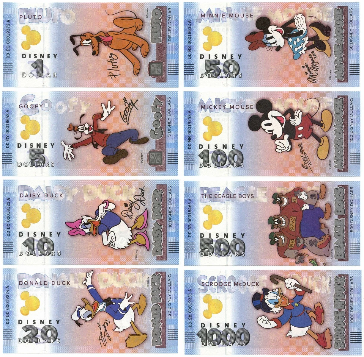 Official Disney Banknotes Mickey Mouse and Friends Complete Series UNC Unique and Rare